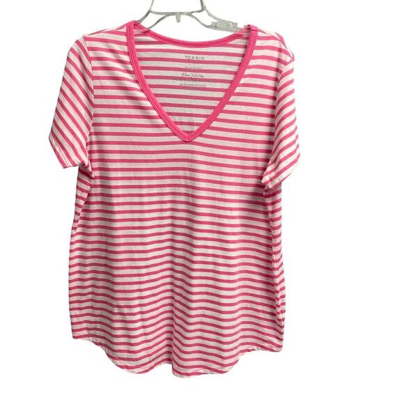 Torrid Classic Fit Striped Womens Tee V-Neck Size 0 Pink Short Sleeve T Shirt - Picture 1 of 3